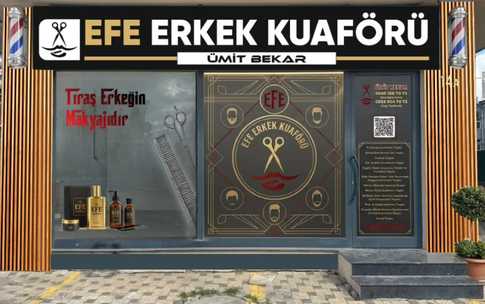 Efe Erkek Kuaförü'nün Kademe Sokak 14/A'daki cephesi: Ümit Bekar tabelası ve vitrin